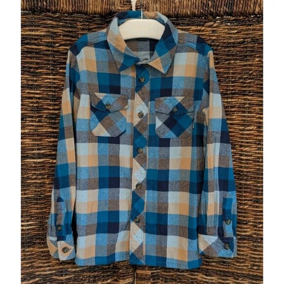 Eddie Bauer Plaid Flannel Button Up Shirt Boys XS 5/6 Blue Tan Hiking Camping - Picture 1 of 6
